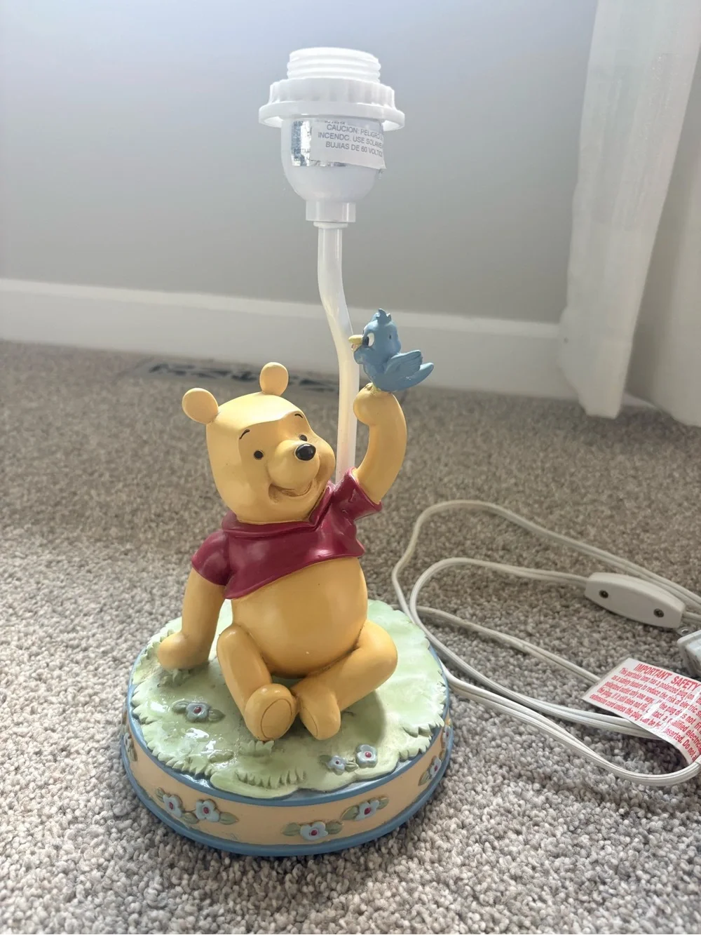 VTG Yellow Winnie the Pooh Table Lamp Accent (Red Shirt, Blue Bird)
